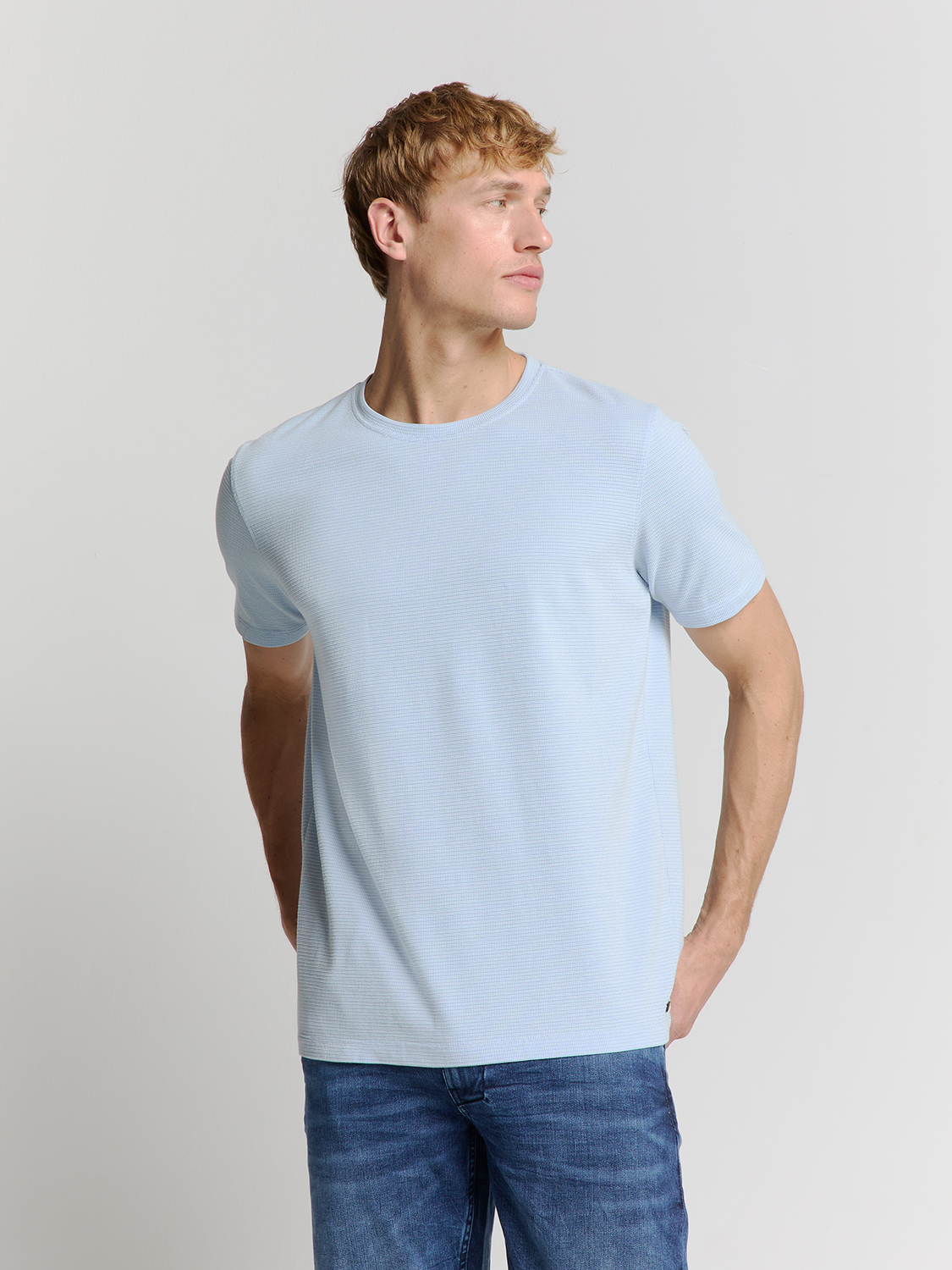 NO EXCESS Heren  T-Shirt Gebreide Structuur Lichtblauw 