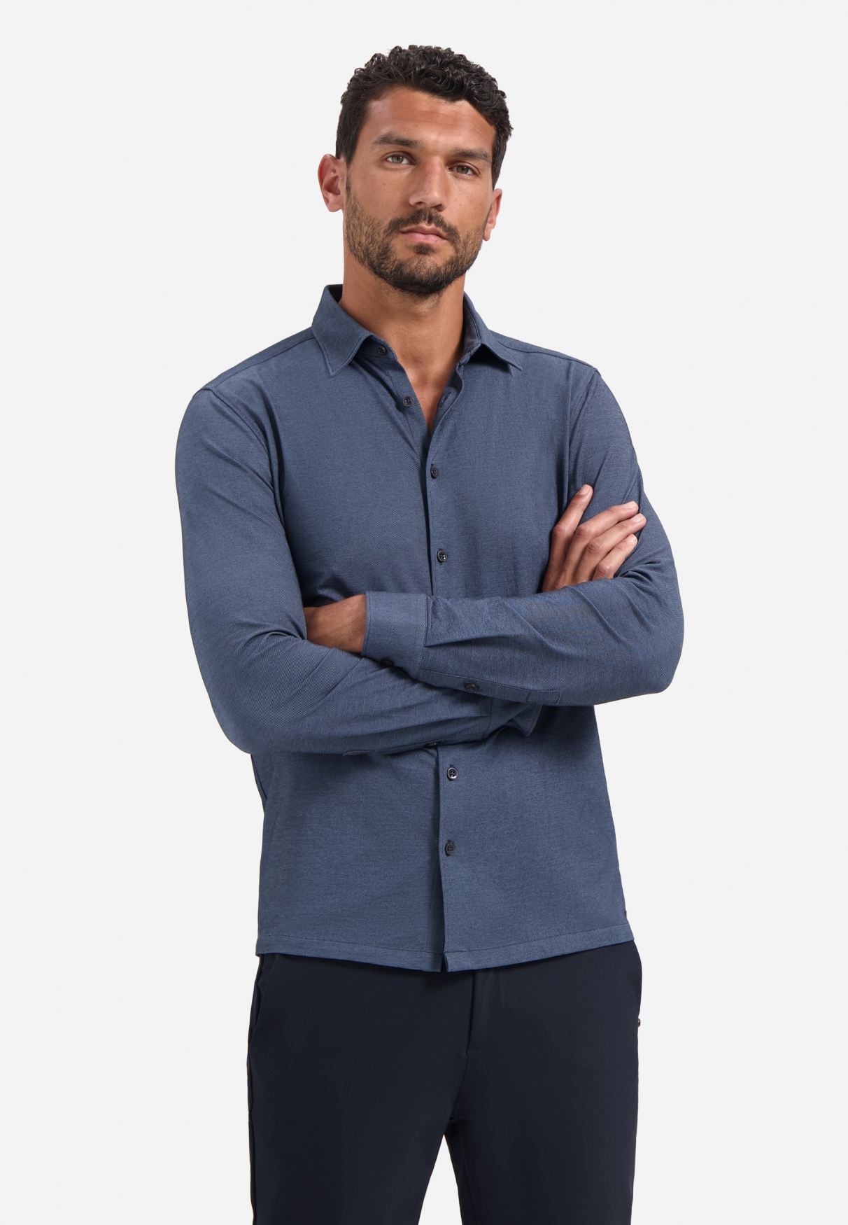 NO EXCESS Jersey Heren Overhemd Melange Blauw 