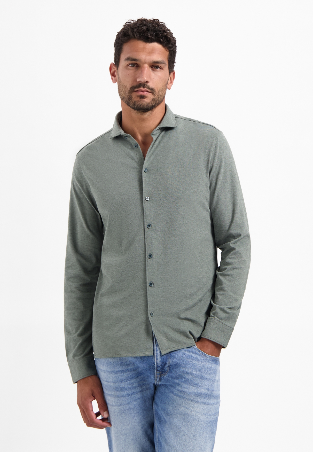 NO EXCESS Heren Jersey Overhemd Timeless Basic Donkergrijs 