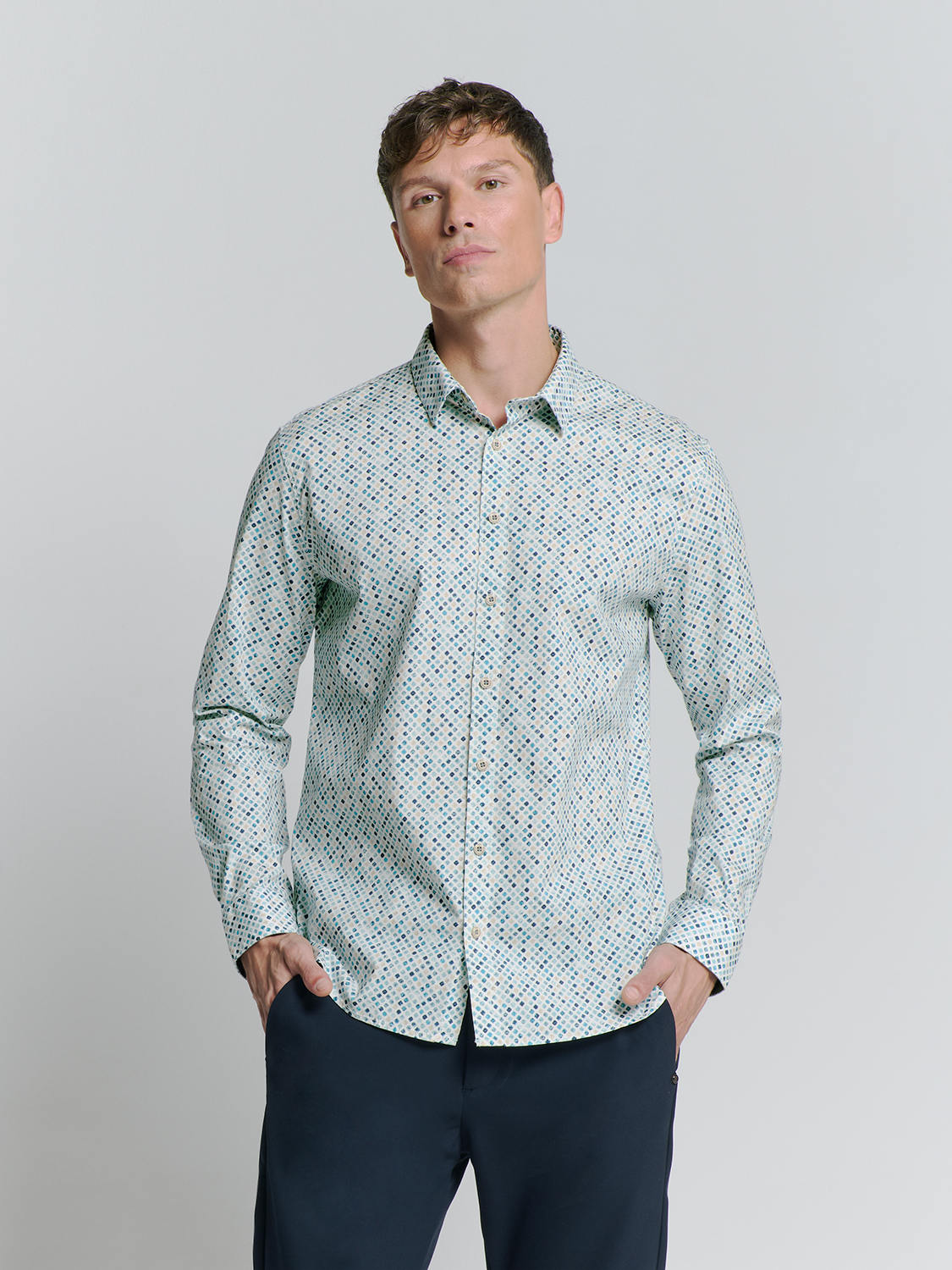 NO EXCESS Overhemd Allover Print Stretch Seablue 