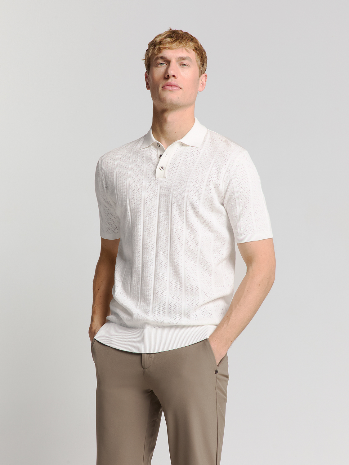 NO EXCESS Heren Poloshirt Fijngebreid Offwhite 