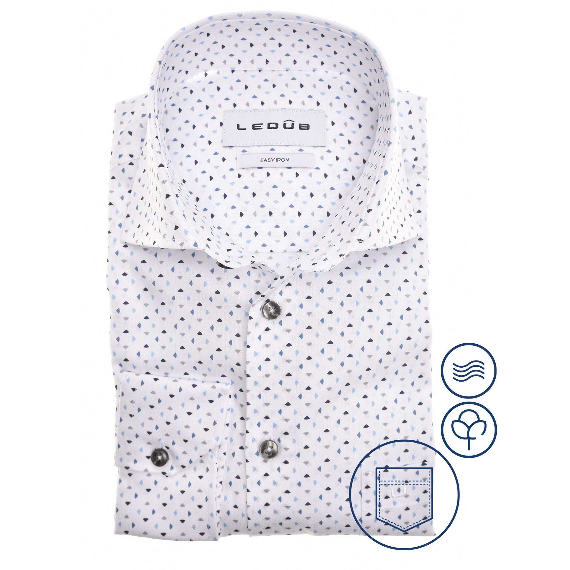 LEDÛB Overhemd Blauw-Beige Print Modern Fit 