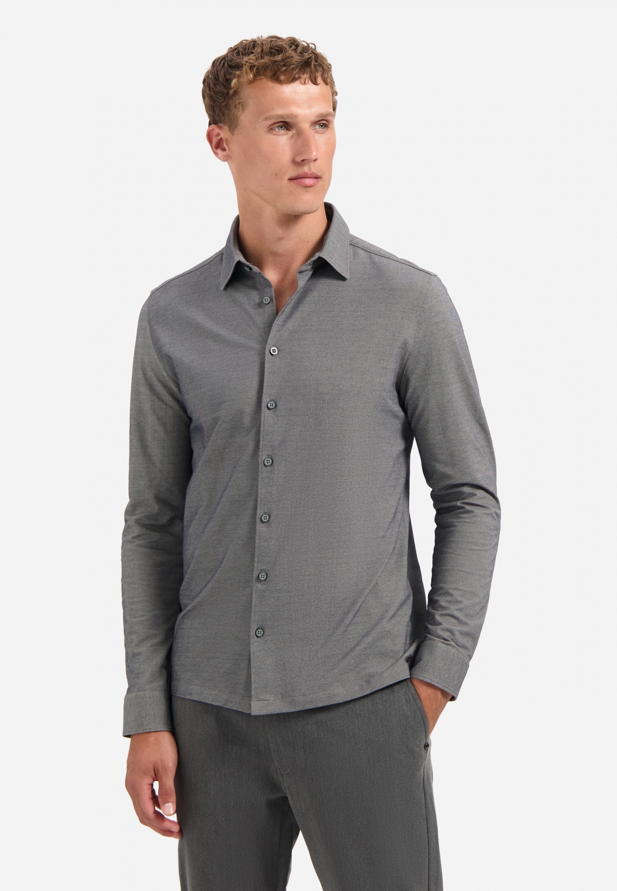 NO EXCESS Jersey Heren Overhemd Melange Donkergrijs 