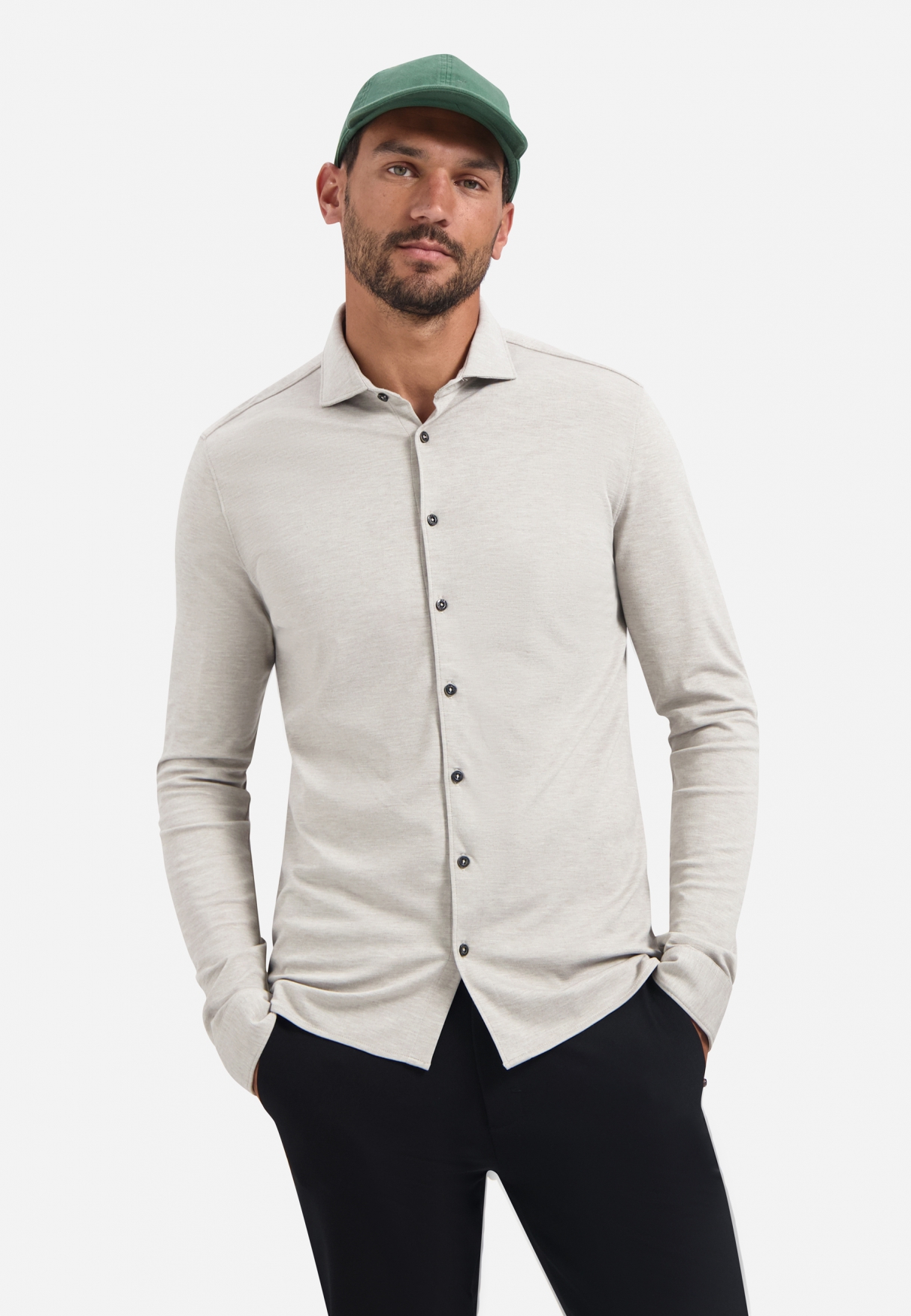 NO EXCESS Heren Jersey Overhemd Timeless Basic Beige-Grijs 