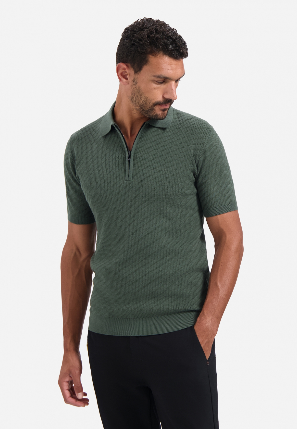 NO EXCESS Heren Poloshirt Met Rits Donkergroen  - Afbeelding 2