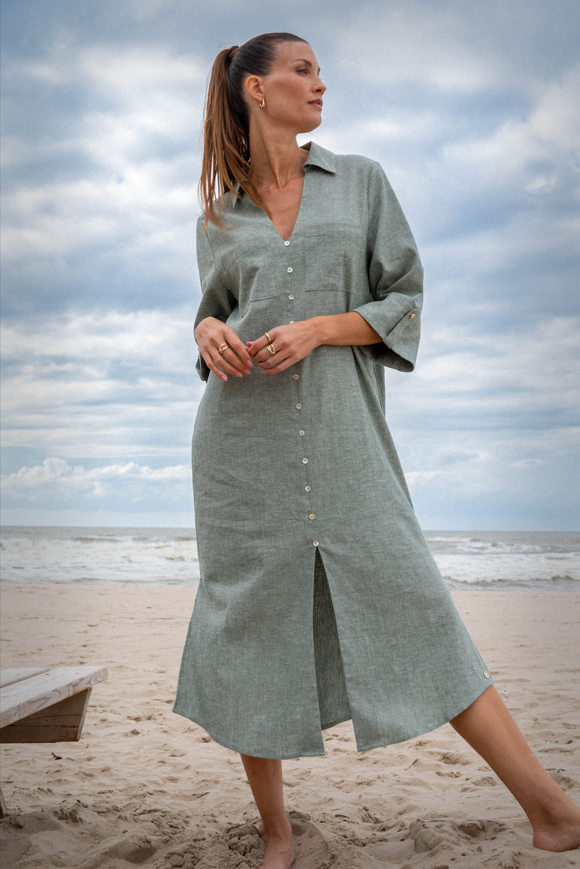 MAICAZZ Lange Linnen Jurk Texx Pale Olive Groen 
