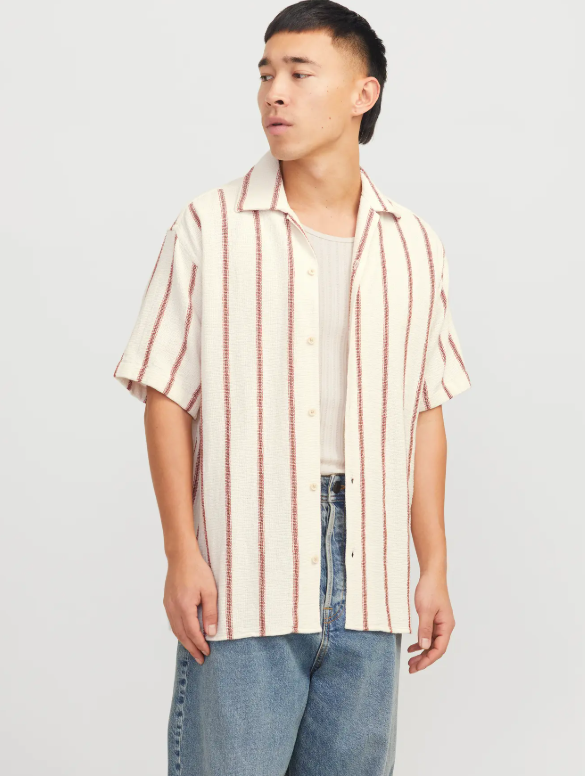 JACK&JONES Heren Overhemd Resort Offwhite-rood Gestreept  - Afbeelding 2