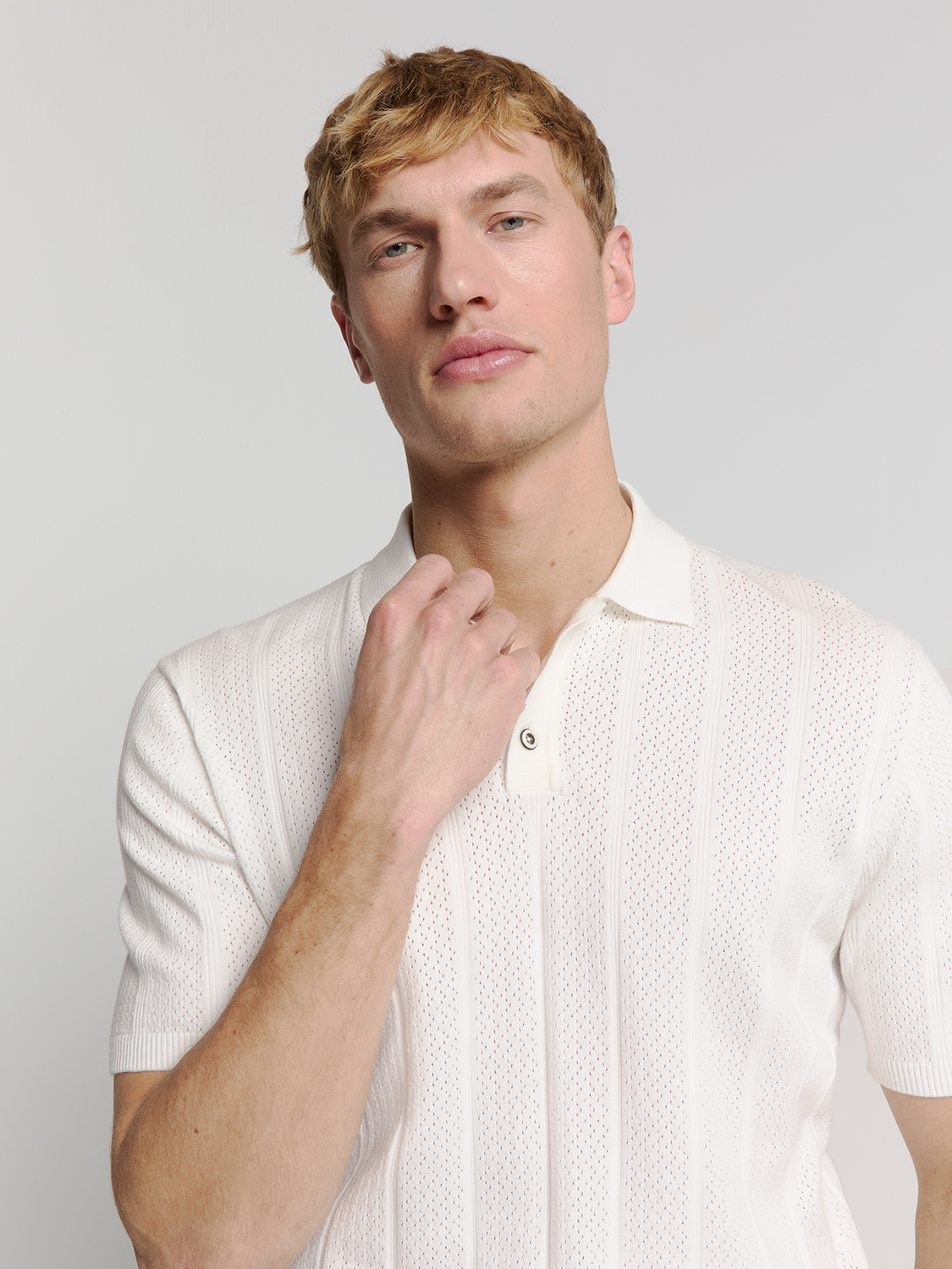 NO EXCESS Heren Poloshirt Fijngebreid Offwhite  - Afbeelding 3