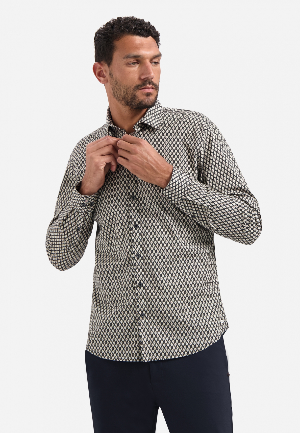 NO EXCESS Heren Stretch Overhemd Bedrukt Zwart
