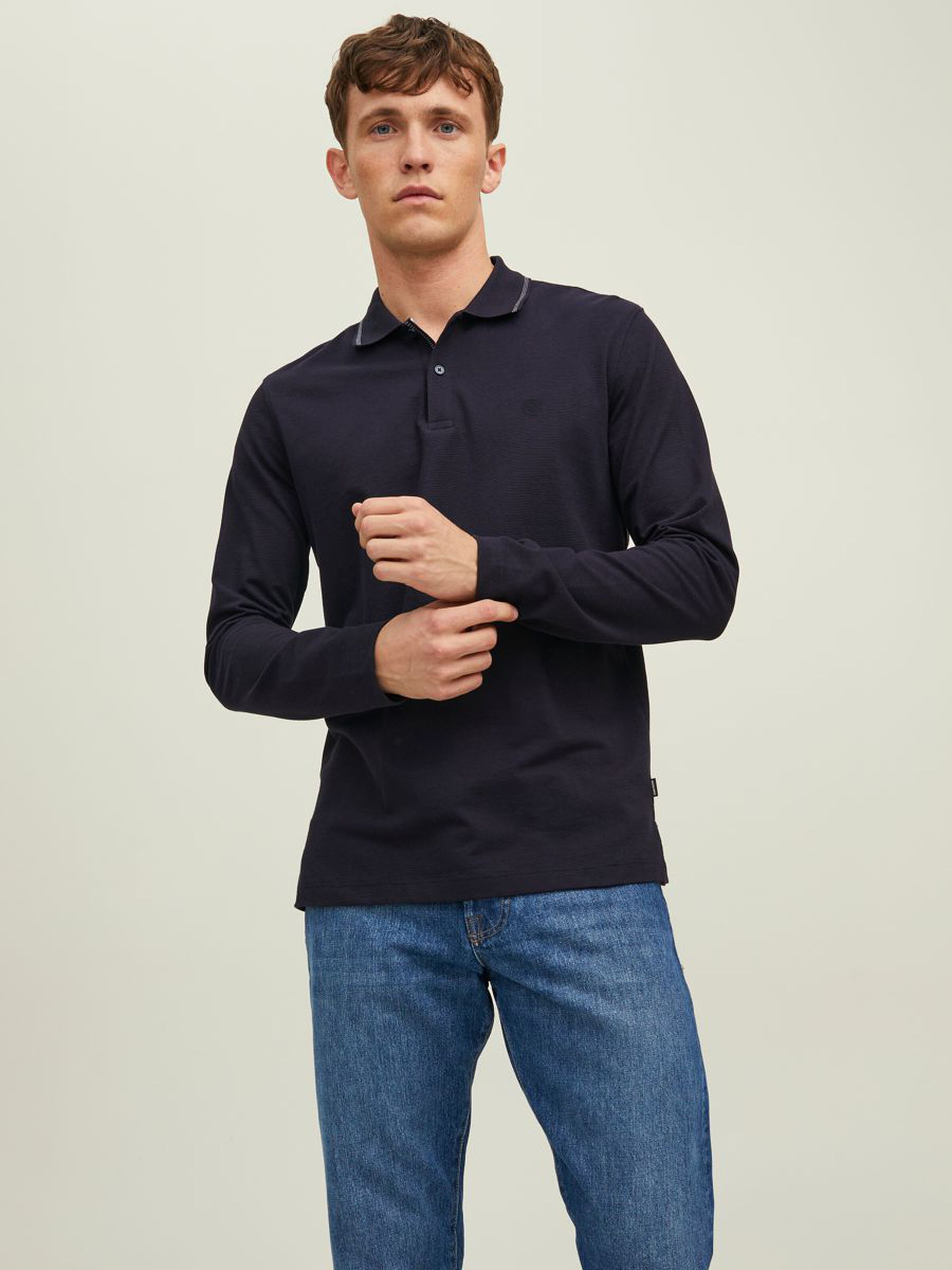 JACK&JONES Heren Poloshirt Met Lange Mouw Donkerblauw 