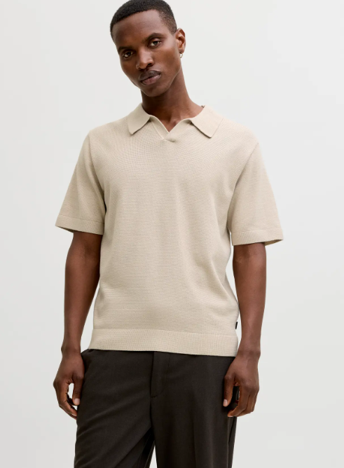 JACK & JONES Gebreid Heren Poloshirt Milano Zandkleur 
