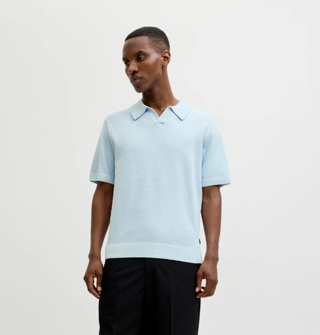 JACK & JONES Gebreid Heren Poloshirt Milano Lichtblauw