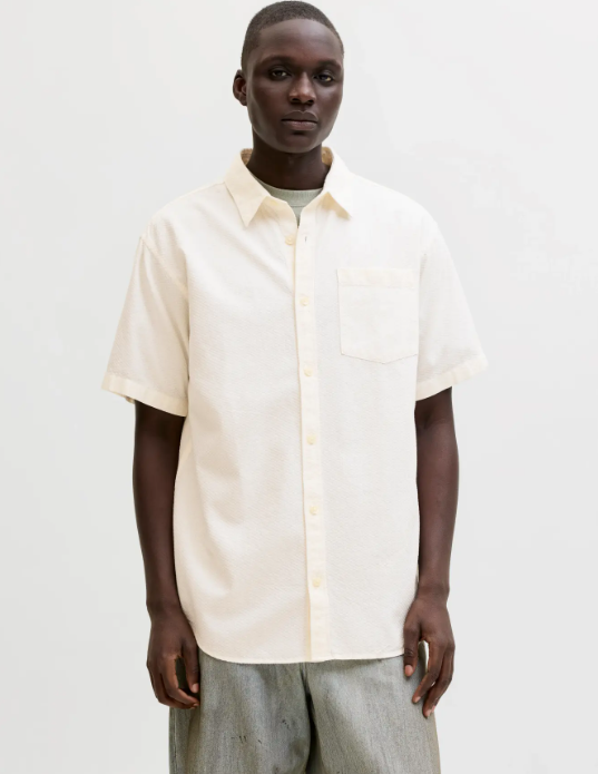 JACK & JONES Heren Overhemd Korte Mouw Dobby Offwhite 