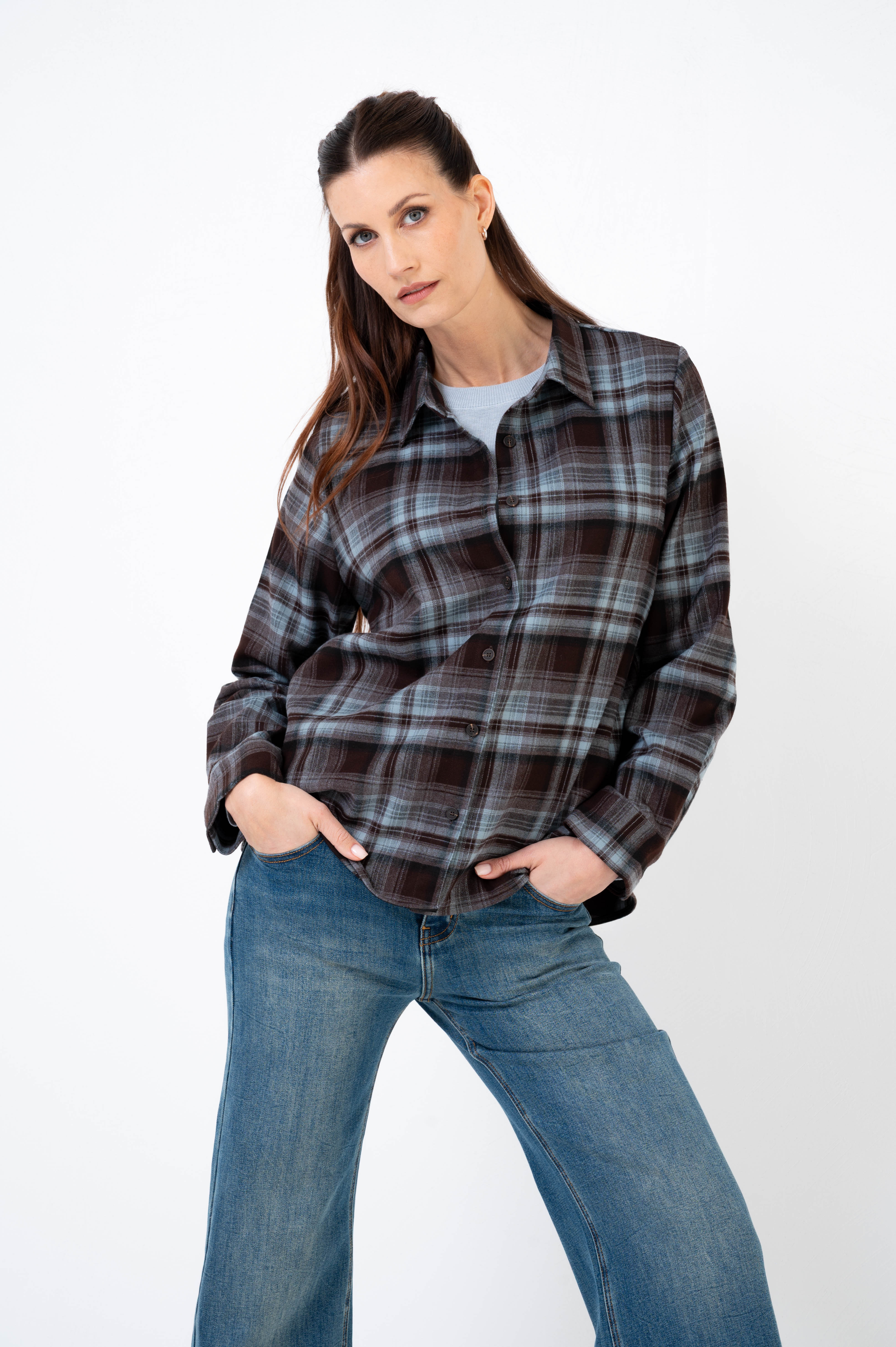 MAICAZZ Geruite Dames Blouse Ziggy Donkerbruin-Blauw 