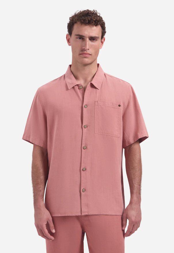 NO EXCESS Heren Overhemd Korte Mouwen Coral Roze Linnenmix