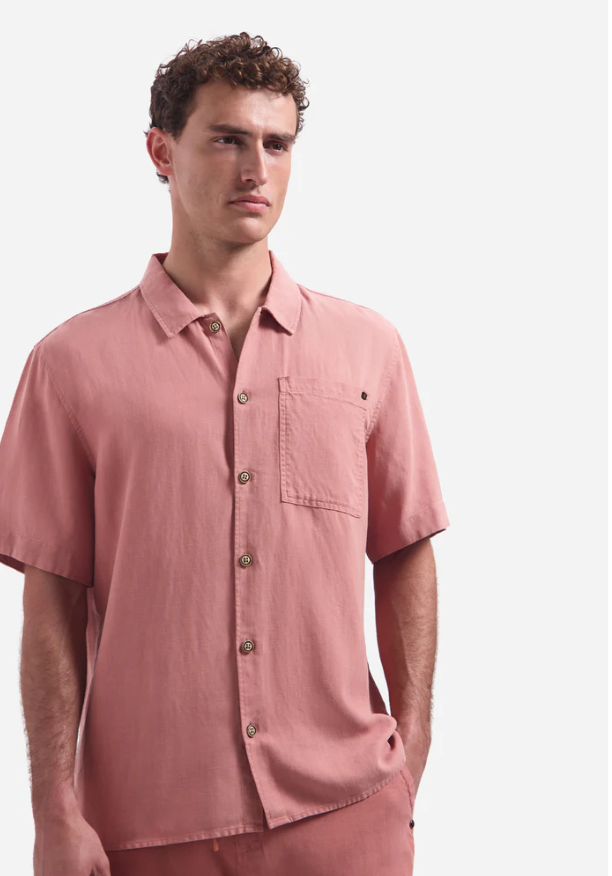 NO EXCESS Heren Overhemd Korte Mouwen Coral Roze Linnenmix - Afbeelding 3