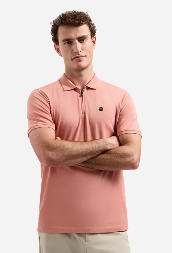 NO EXCESS Heren Poloshirt Met Rits Coral Roze  - Afbeelding 4