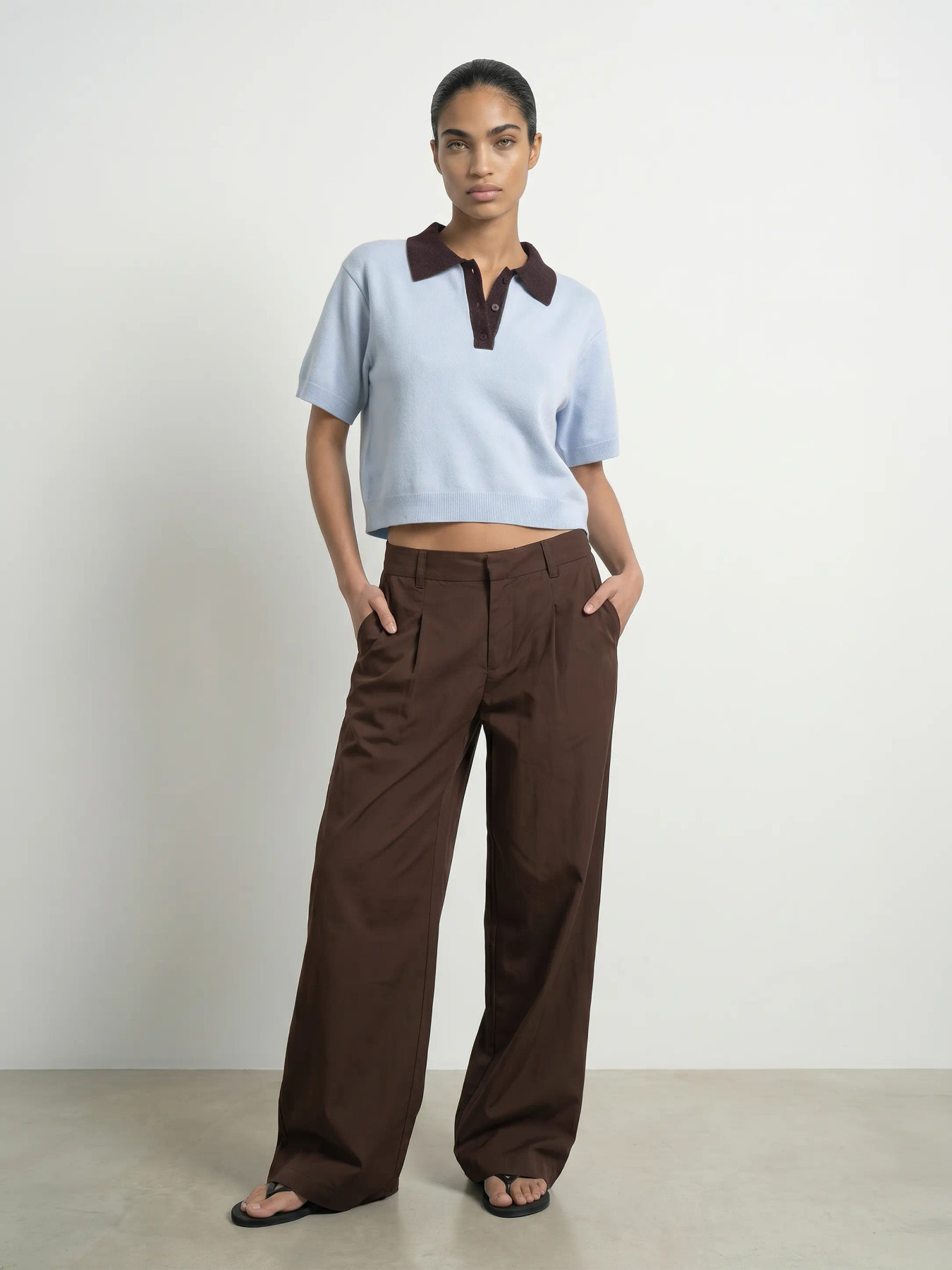 HYPEDROPE Gebreid Dames PoloShirt Sarah Lichtblauw-Donkerbruin 