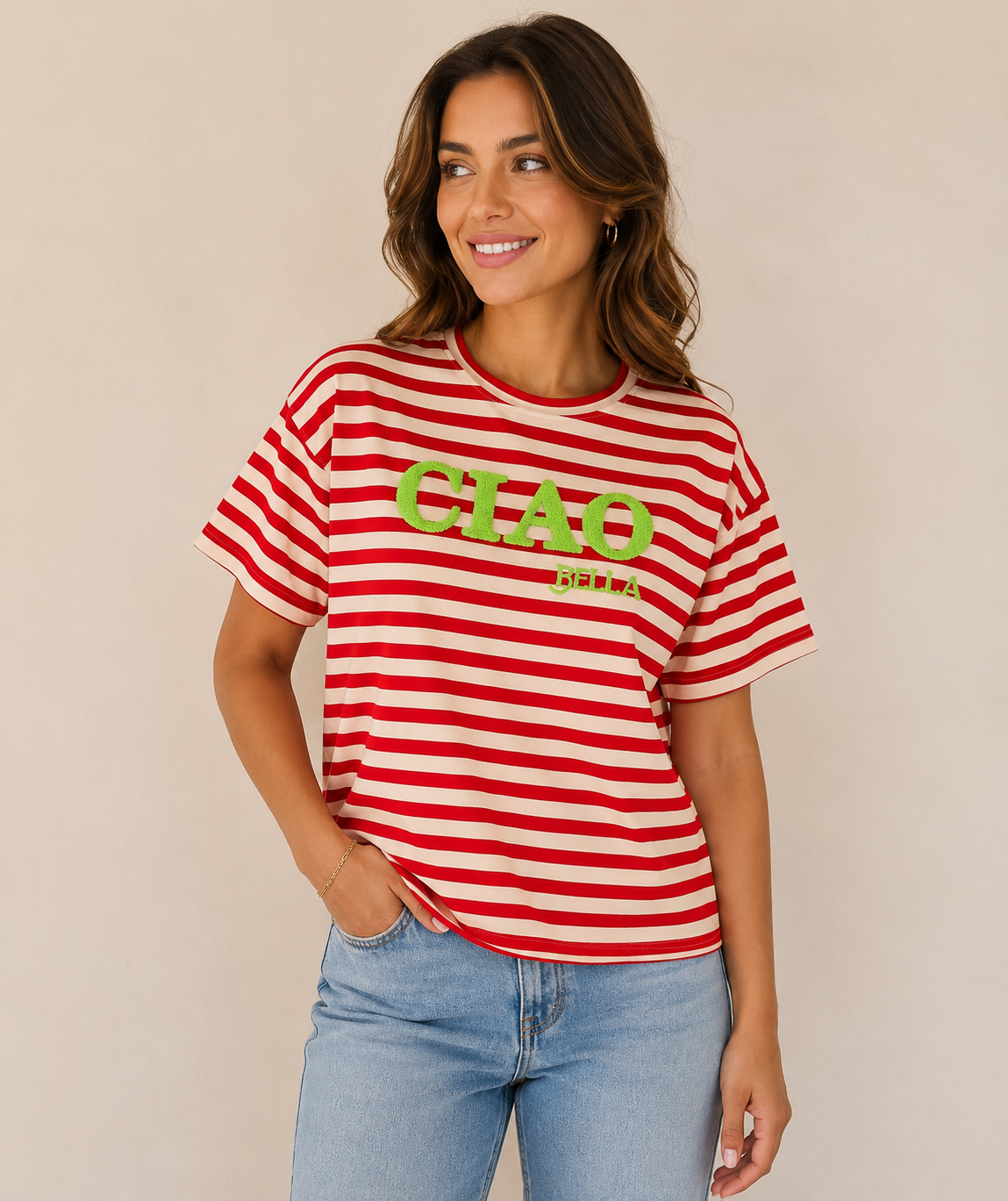 HOFTRENDS Dames T-Shirt Ciao Bella Roze-Rood