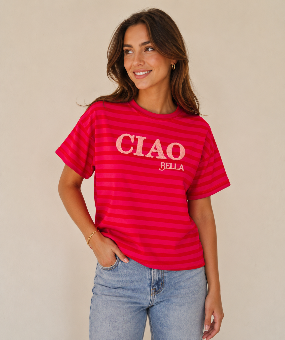 HOFTRENDS Dames T-Shirt Ciao Bella Fuchsia-Rood