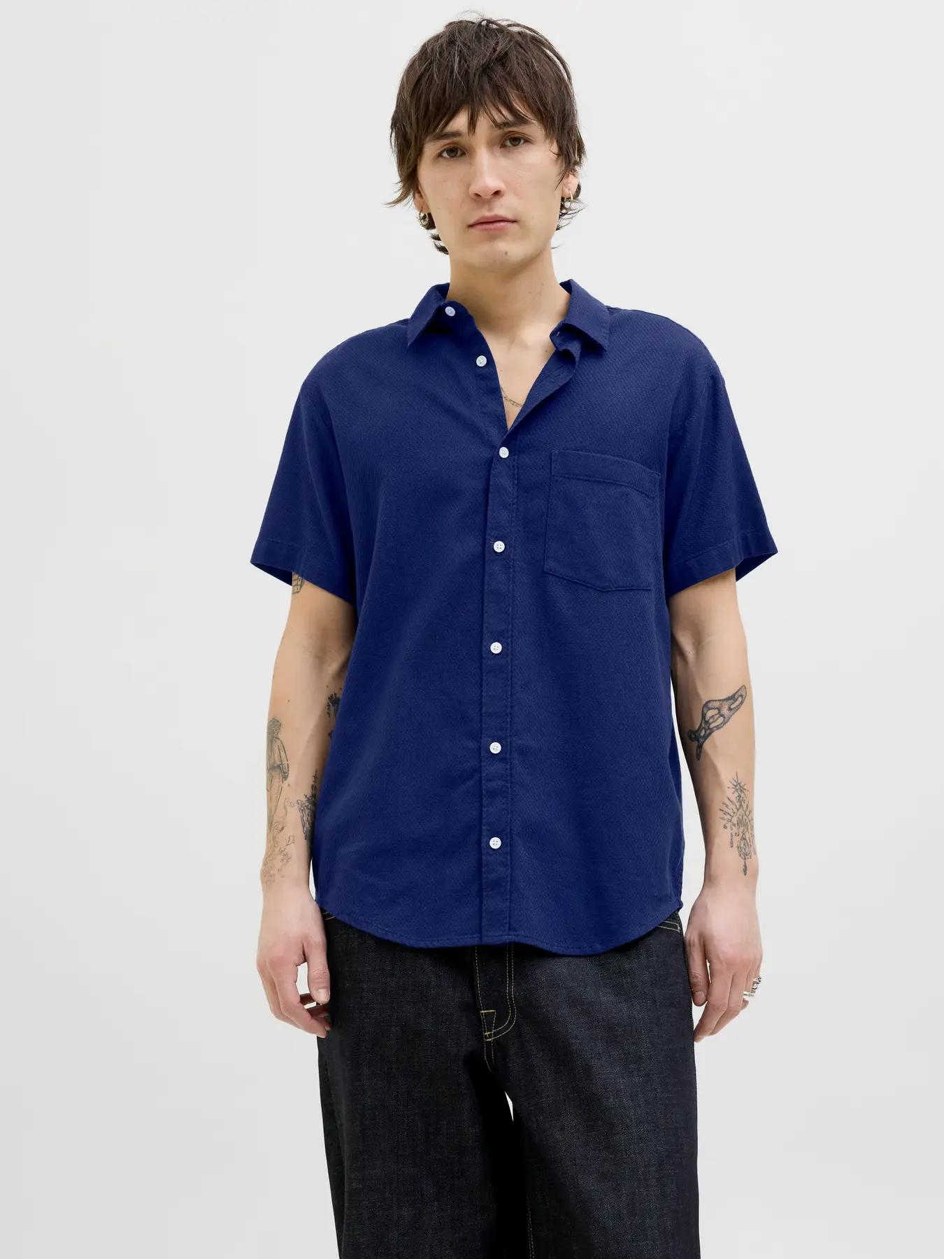JACK & JONES Heren Overhemd Korte Mouwen Dobby Ocean Carvern 