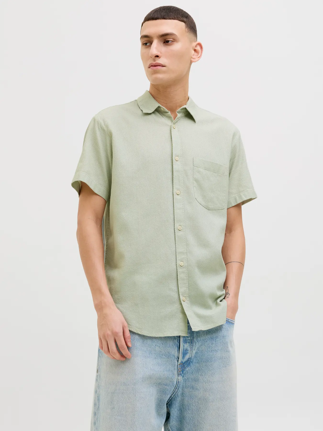 JACK & JONES Heren Overhemd Korte Mouwen Dobby Celadon Tint 