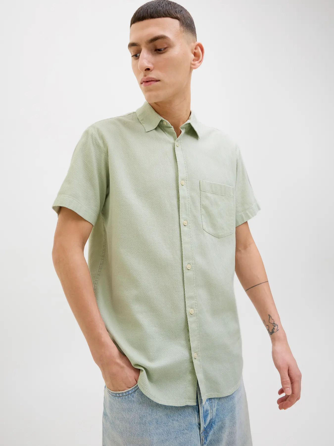 JACK & JONES Heren Overhemd Korte Mouwen Dobby Celadon Tint  - Afbeelding 3