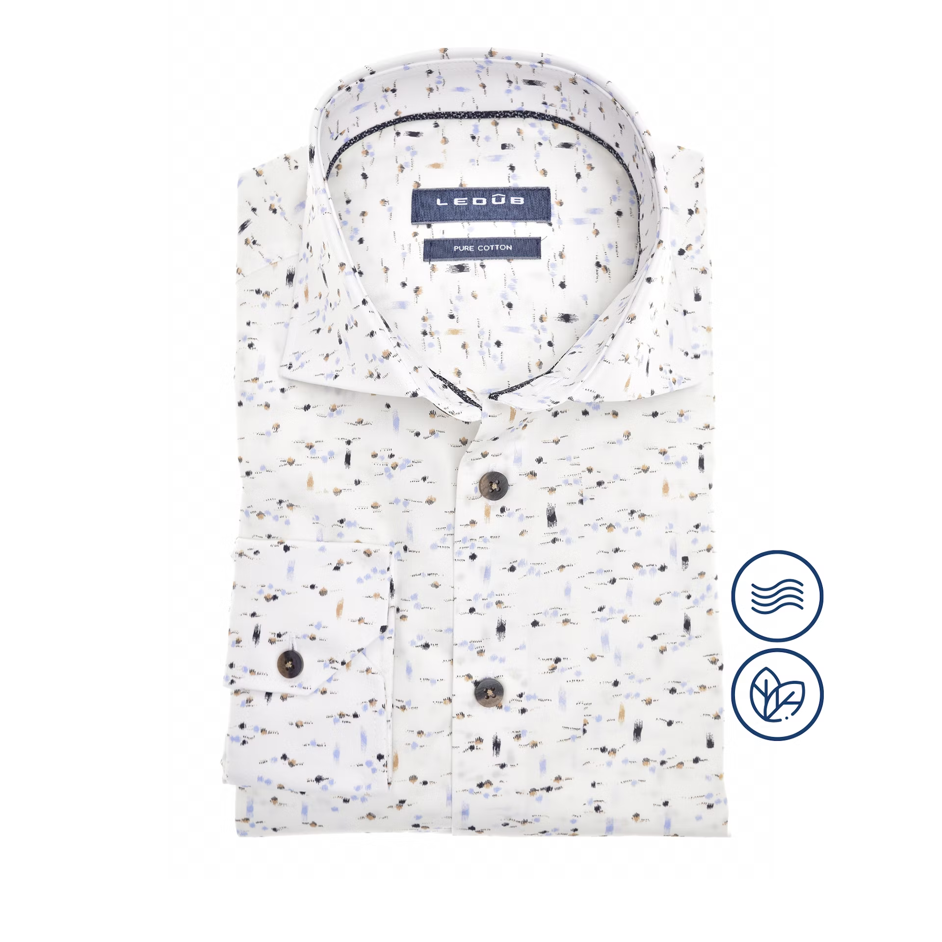 Ledub Overhemd Wit Met Beige-Blauwe Print Modern Fit