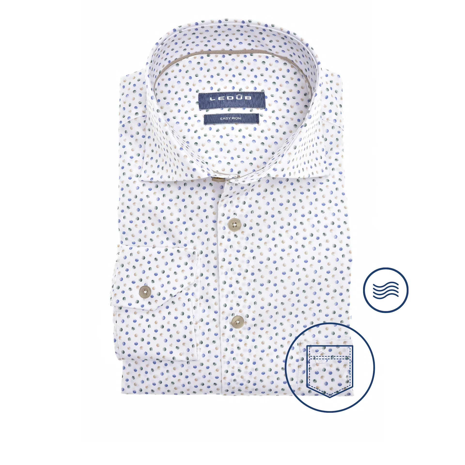 Ledub Overhemd Wit Met Groen-Beige Print Modern Fit
