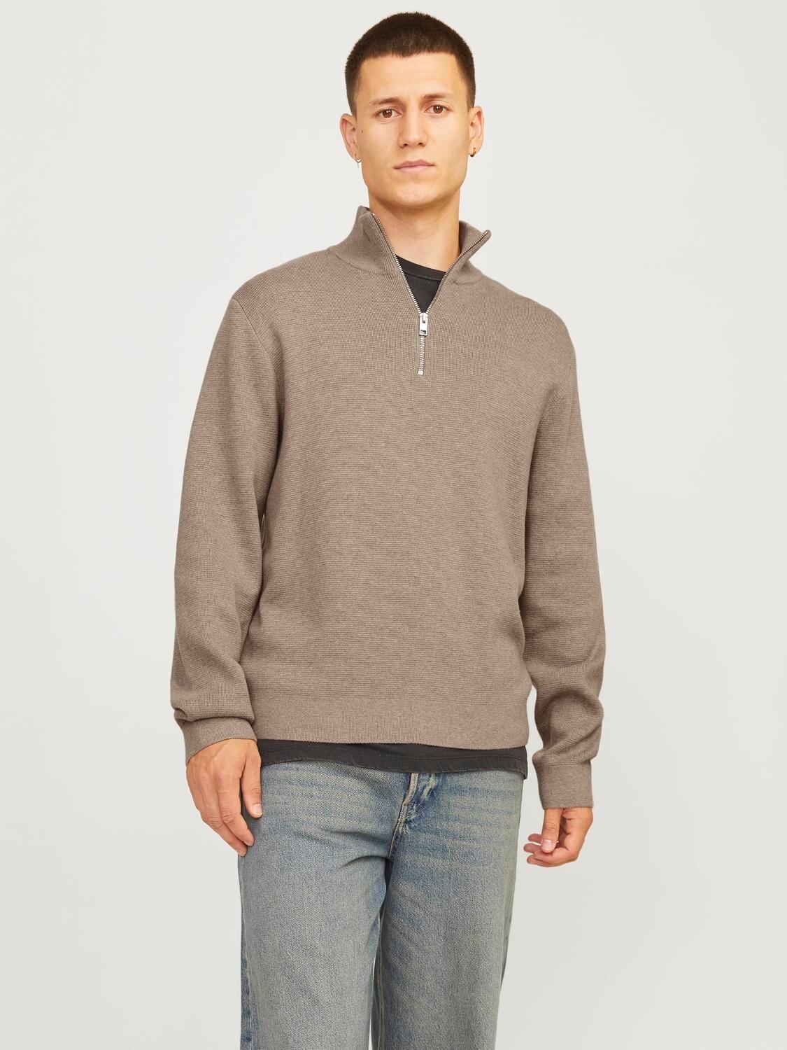 JACK&JONES Gebreide Trui Met Rits Greige Melange Beige